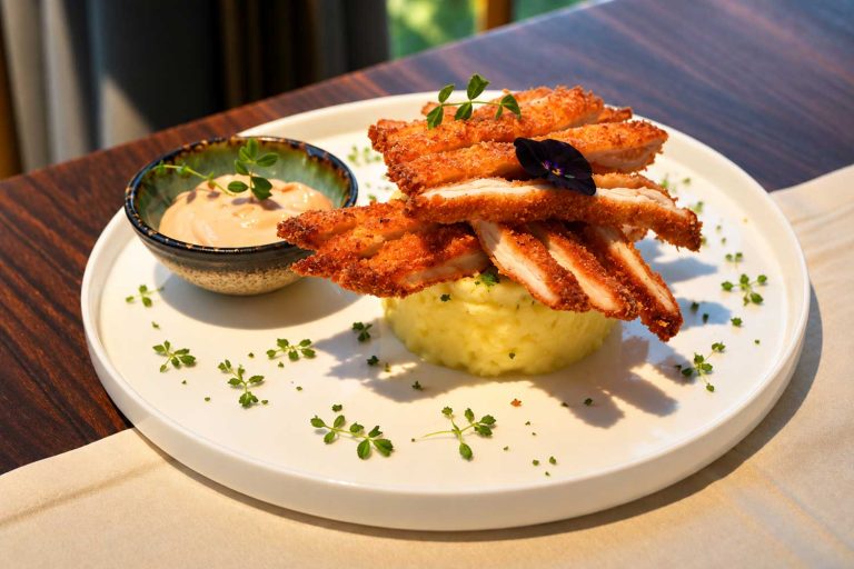 Panko Chicken Schnitzel with Mashed Potatoes & Thousand Island Sauce / Șnițel de pui în pesmet panko cu piure și sos 100