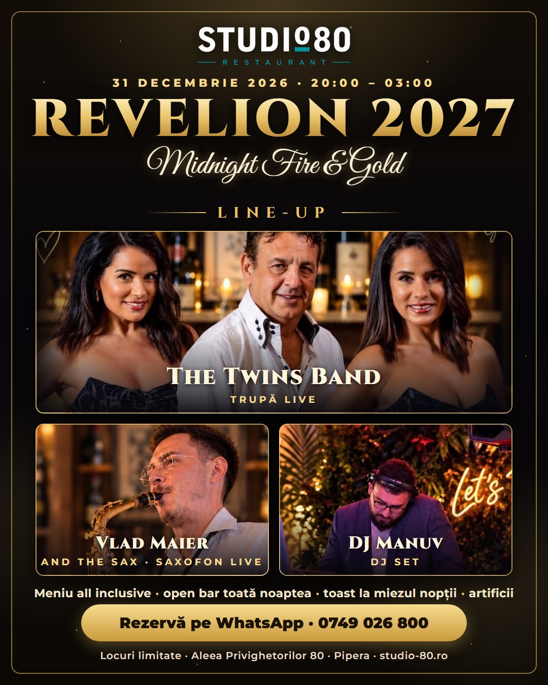 New Year’s Eve 2027 at Studio 80 – line-up: The Twins Band, Vlad Maier And the Sax, DJ Manuv